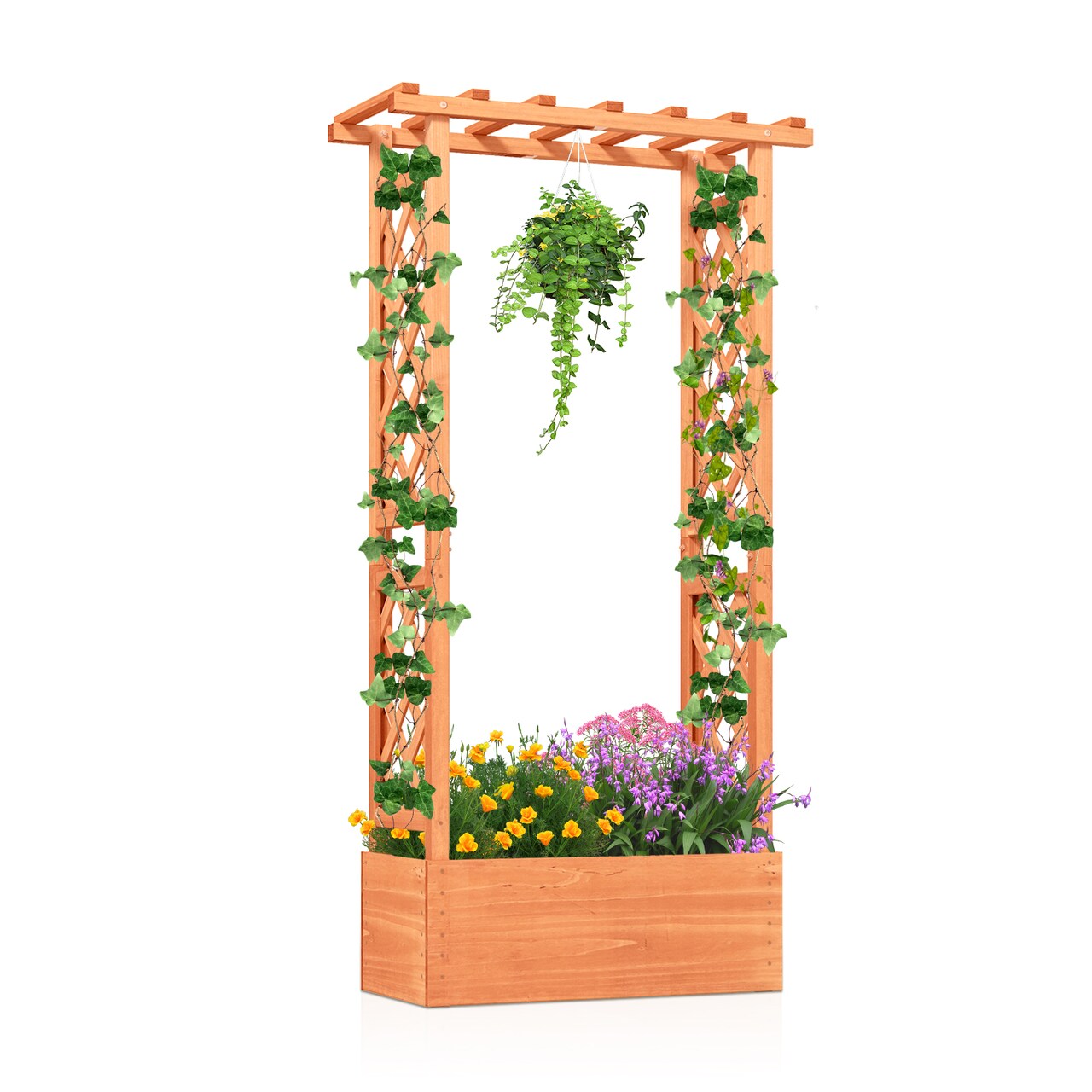 Wooden Raised Garden Bed With Trellis 60 Inch Planter Box Fir Wood Vertical Plant Stand For Flowers Vegetables Orange